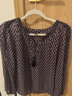 Lucky Brand Navy Geometric Tie-Neck Blouse